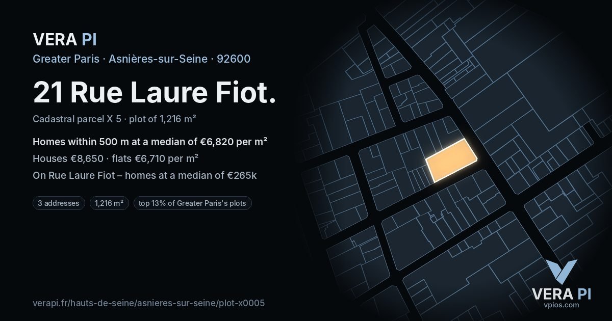 21 Rue Laure Fiot, Asnières-sur-Seine at night – the plot lit, the parcels around coloured by the prices near them