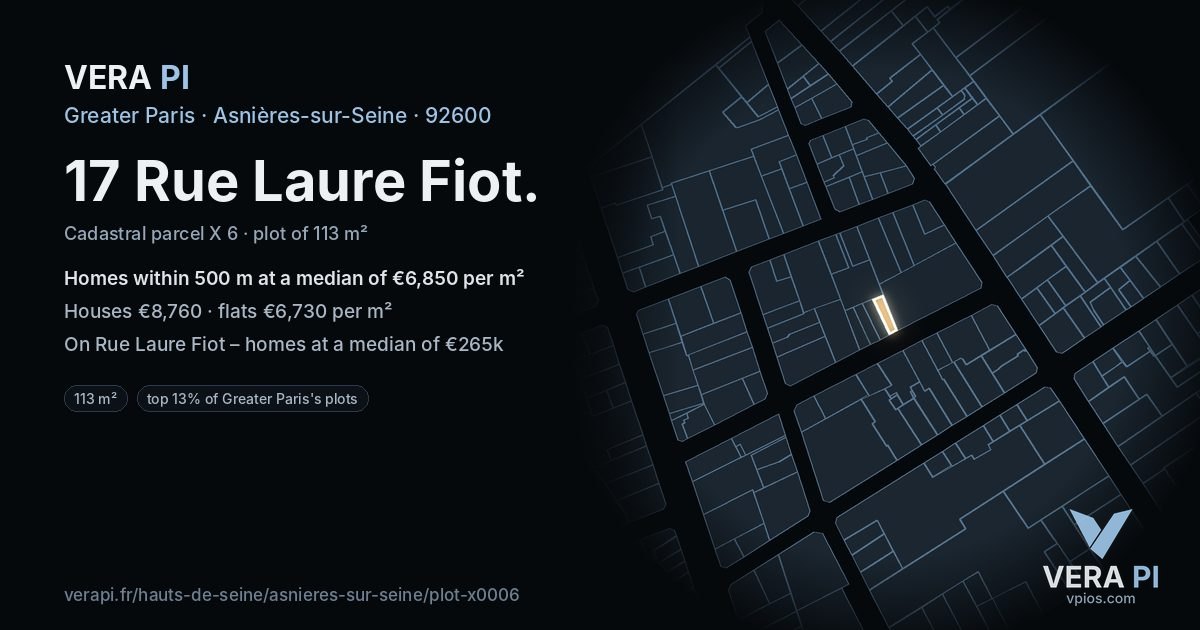 17 Rue Laure Fiot, Asnières-sur-Seine at night – the plot lit, the parcels around coloured by the prices near them
