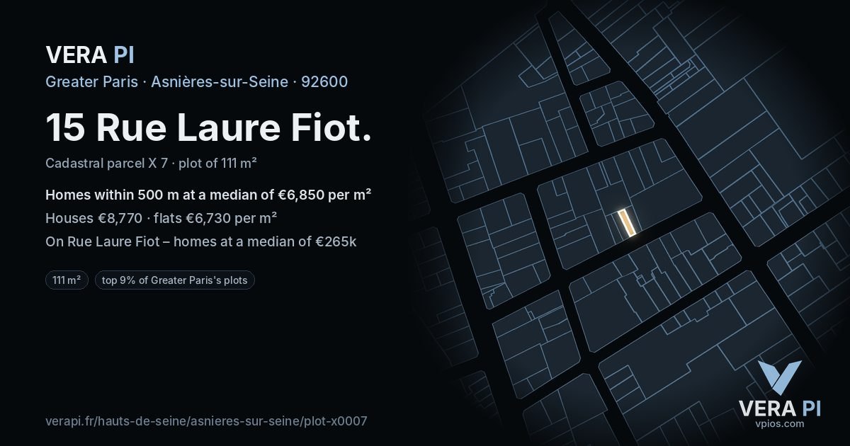 15 Rue Laure Fiot, Asnières-sur-Seine at night – the plot lit, the parcels around coloured by the prices near them