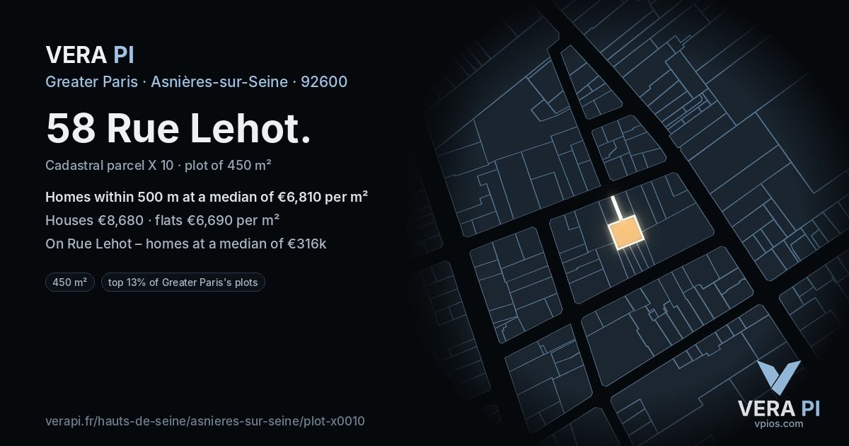 58 Rue Lehot, Asnières-sur-Seine at night – the plot lit, the parcels around coloured by the prices near them