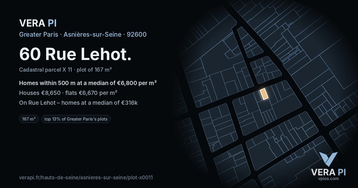 60 Rue Lehot, Asnières-sur-Seine at night – the plot lit, the parcels around coloured by the prices near them