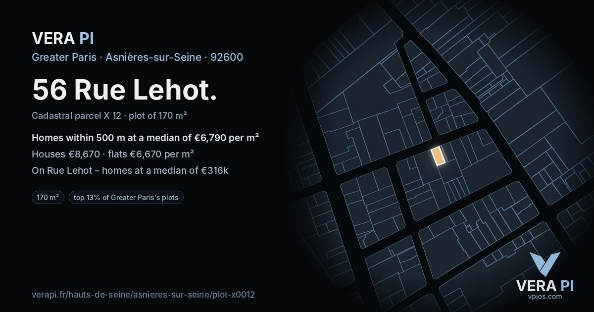 56 Rue Lehot, Asnières-sur-Seine at night – the plot lit, the parcels around coloured by the prices near them