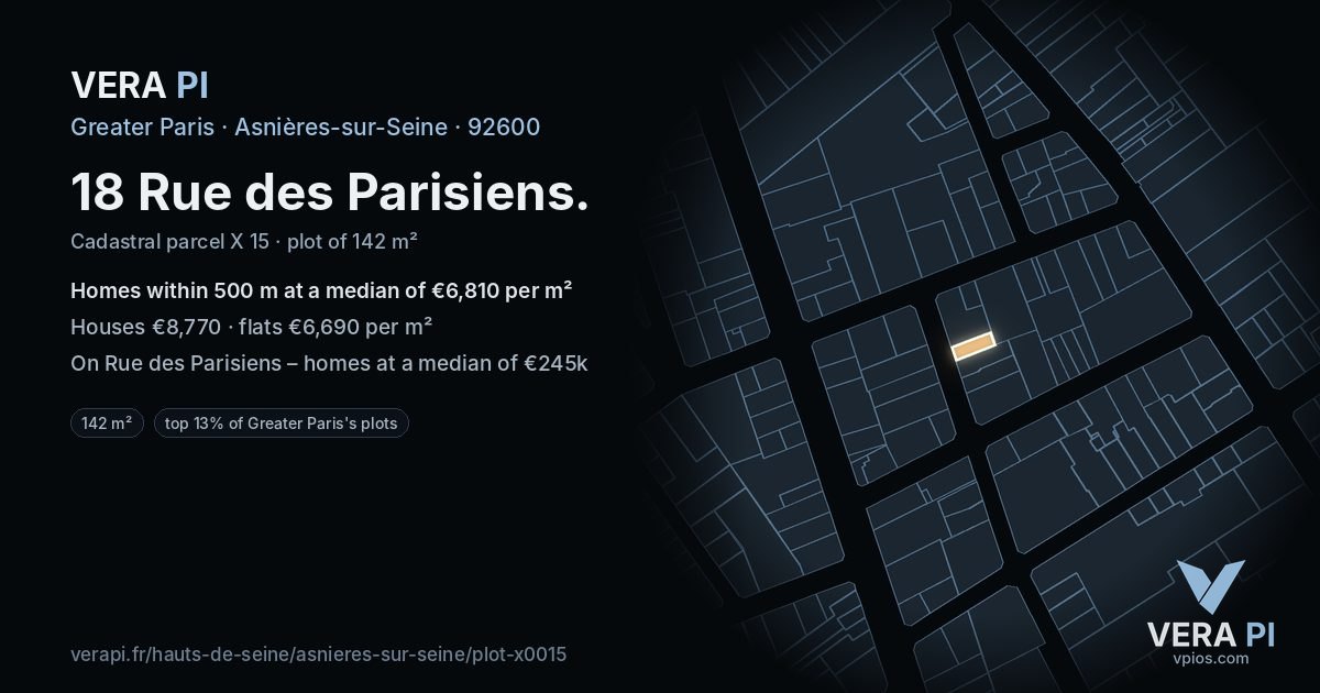 18 Rue des Parisiens, Asnières-sur-Seine at night – the plot lit, the parcels around coloured by the prices near them