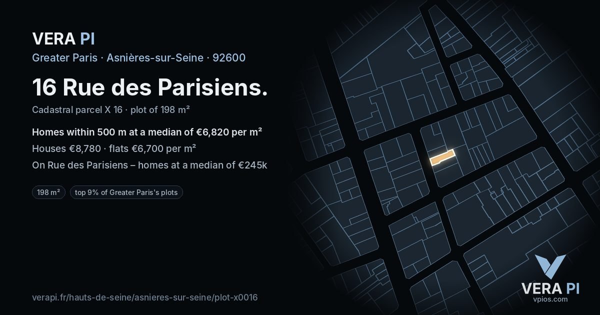 16 Rue des Parisiens, Asnières-sur-Seine at night – the plot lit, the parcels around coloured by the prices near them