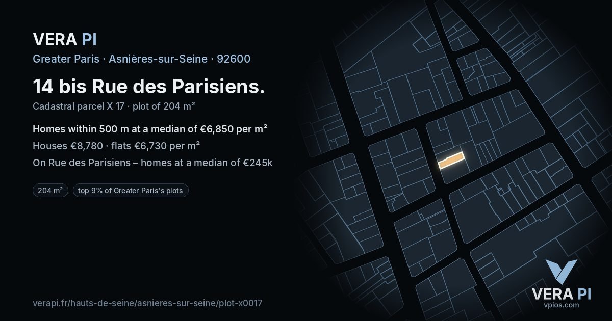 14 bis Rue des Parisiens, Asnières-sur-Seine at night – the plot lit, the parcels around coloured by the prices near them