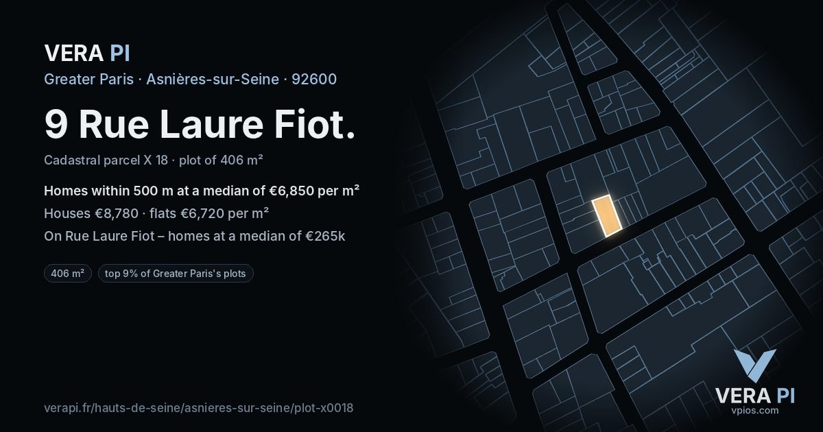 9 Rue Laure Fiot, Asnières-sur-Seine at night – the plot lit, the parcels around coloured by the prices near them
