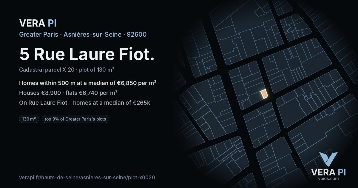 5 Rue Laure Fiot, Asnières-sur-Seine at night – the plot lit, the parcels around coloured by the prices near them