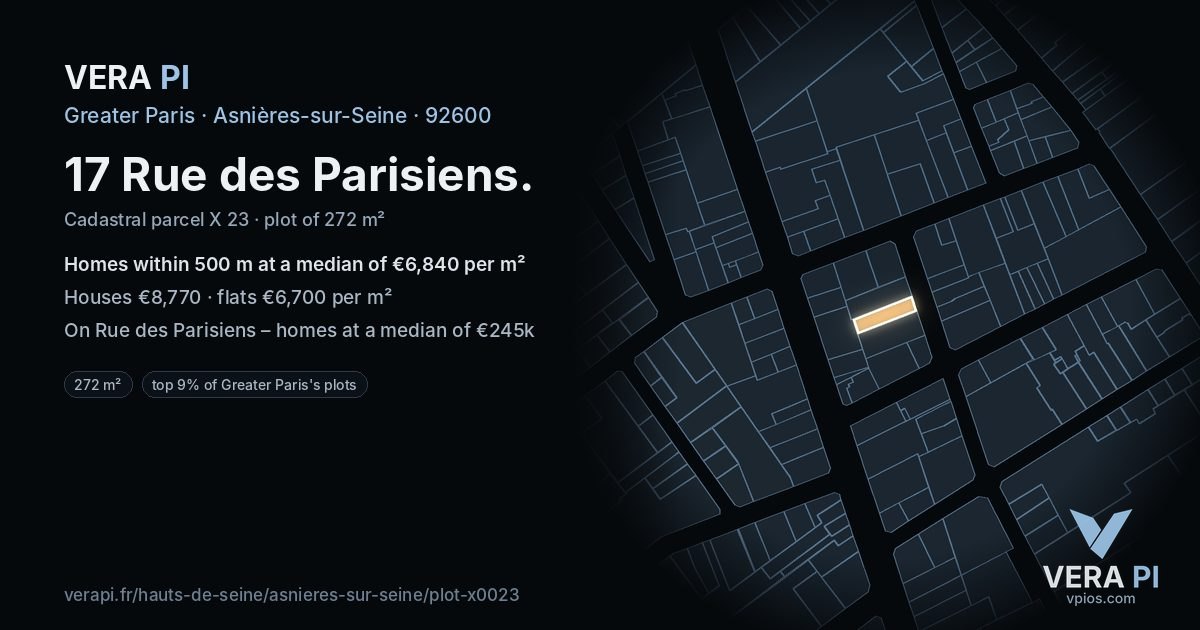 17 Rue des Parisiens, Asnières-sur-Seine at night – the plot lit, the parcels around coloured by the prices near them