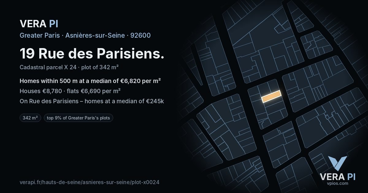 19 Rue des Parisiens, Asnières-sur-Seine at night – the plot lit, the parcels around coloured by the prices near them
