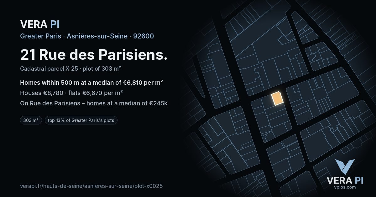 21 Rue des Parisiens, Asnières-sur-Seine at night – the plot lit, the parcels around coloured by the prices near them