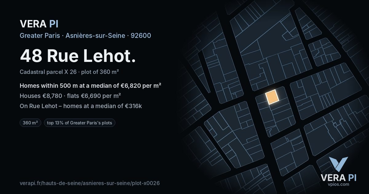 48 Rue Lehot, Asnières-sur-Seine at night – the plot lit, the parcels around coloured by the prices near them