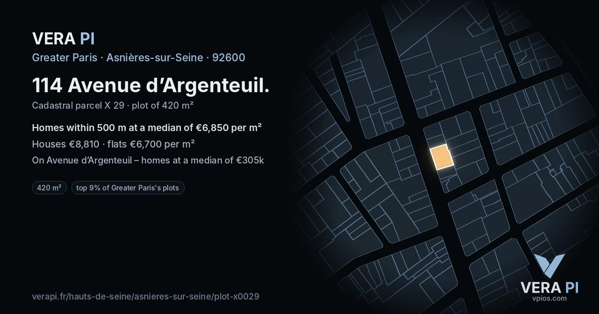 114 Avenue d’Argenteuil, Asnières-sur-Seine at night – the plot lit, the parcels around coloured by the prices near them
