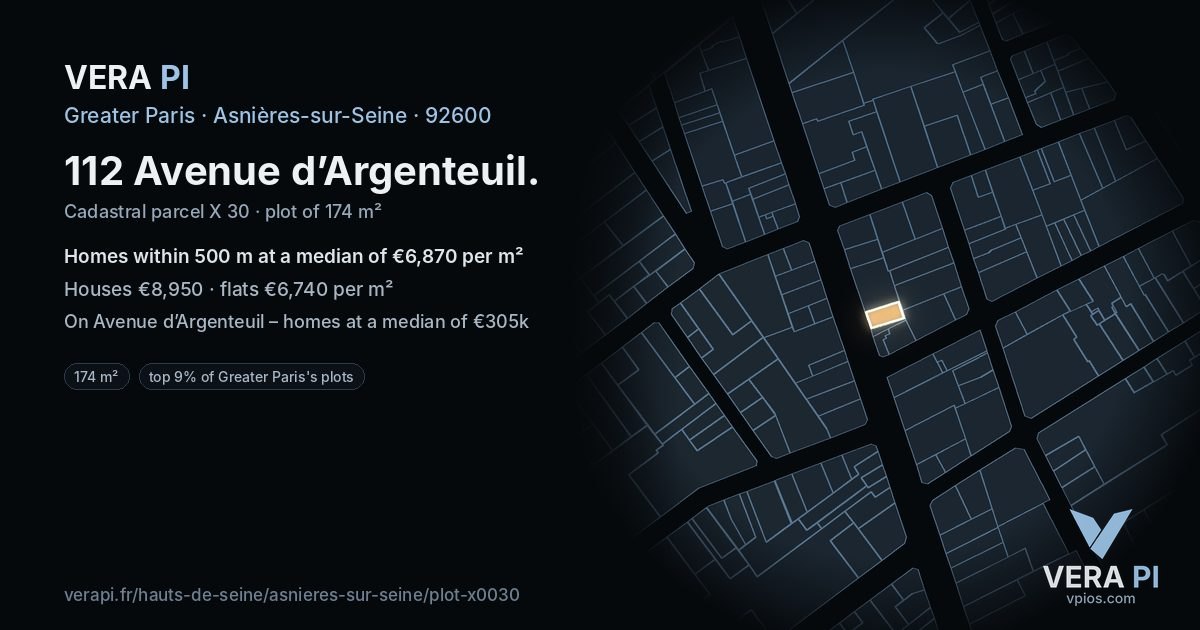 112 Avenue d’Argenteuil, Asnières-sur-Seine at night – the plot lit, the parcels around coloured by the prices near them