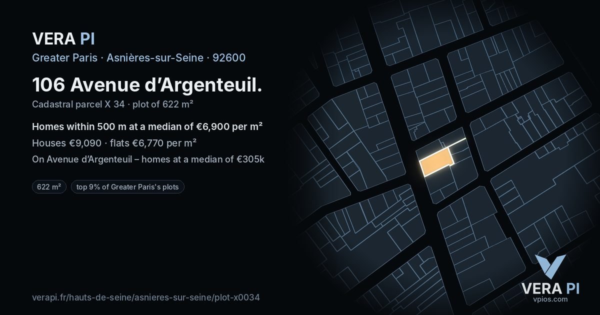 106 Avenue d’Argenteuil, Asnières-sur-Seine at night – the plot lit, the parcels around coloured by the prices near them