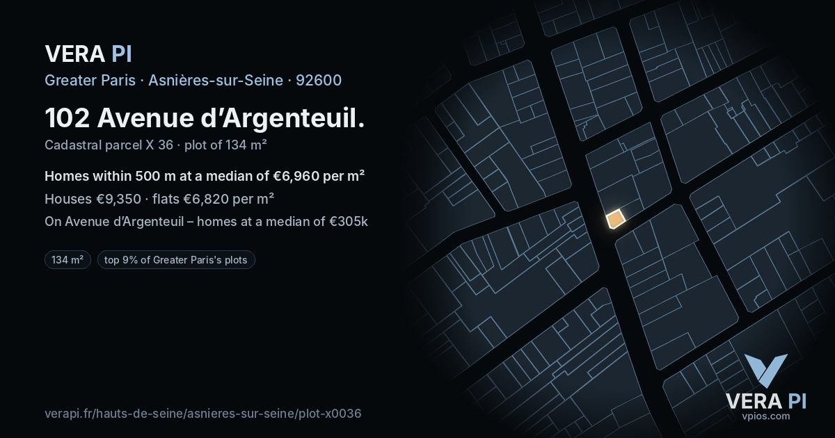 102 Avenue d’Argenteuil, Asnières-sur-Seine at night – the plot lit, the parcels around coloured by the prices near them