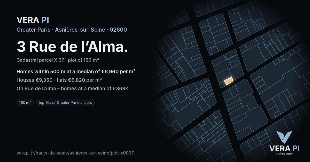 3 Rue de l’Alma, Asnières-sur-Seine at night – the plot lit, the parcels around coloured by the prices near them