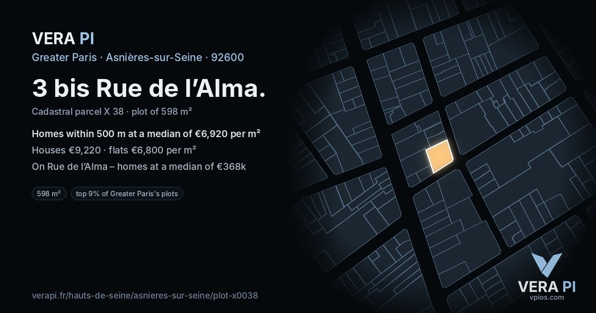 3 bis Rue de l’Alma, Asnières-sur-Seine at night – the plot lit, the parcels around coloured by the prices near them