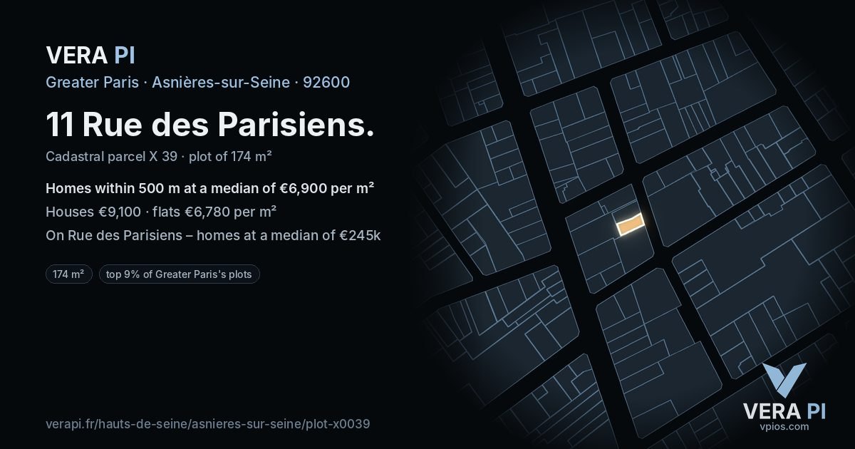 11 Rue des Parisiens, Asnières-sur-Seine at night – the plot lit, the parcels around coloured by the prices near them