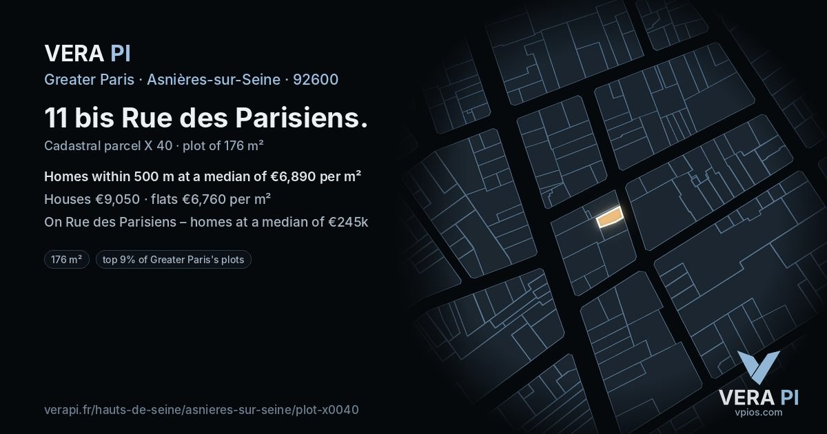 11 bis Rue des Parisiens, Asnières-sur-Seine at night – the plot lit, the parcels around coloured by the prices near them