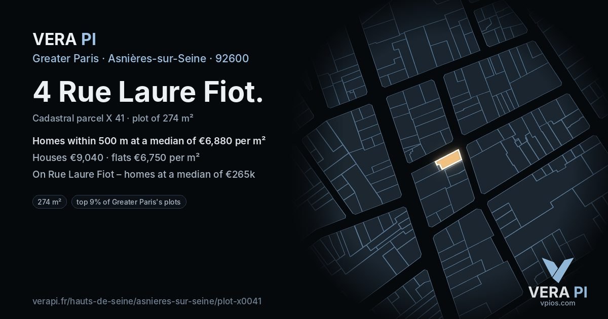4 Rue Laure Fiot, Asnières-sur-Seine at night – the plot lit, the parcels around coloured by the prices near them