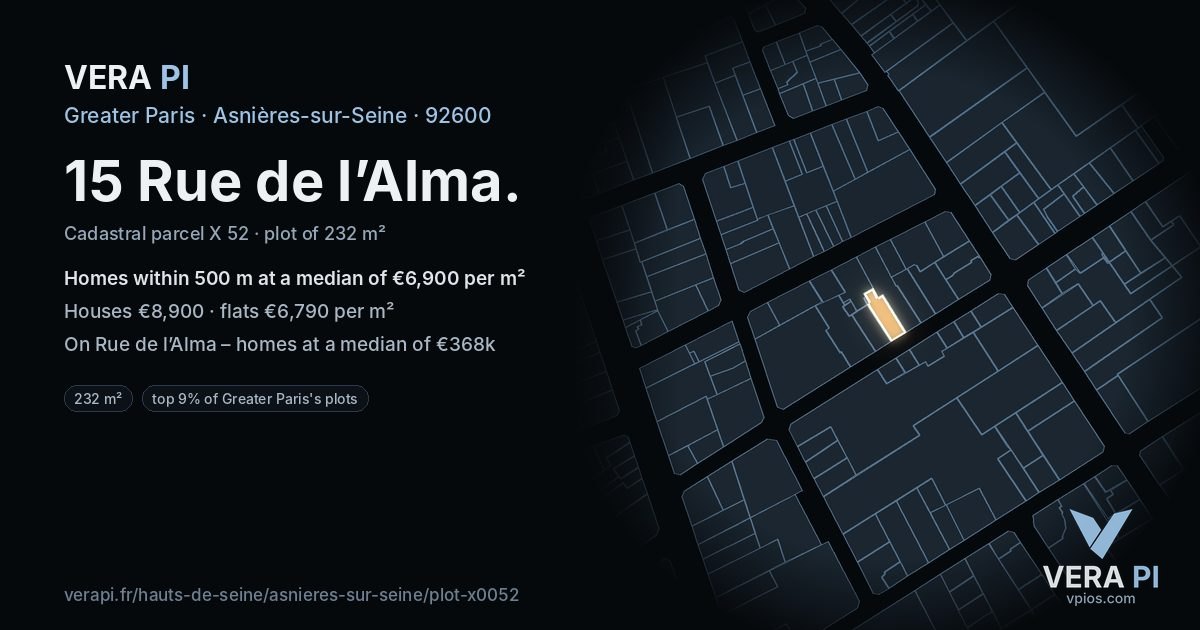 15 Rue de l’Alma, Asnières-sur-Seine at night – the plot lit, the parcels around coloured by the prices near them
