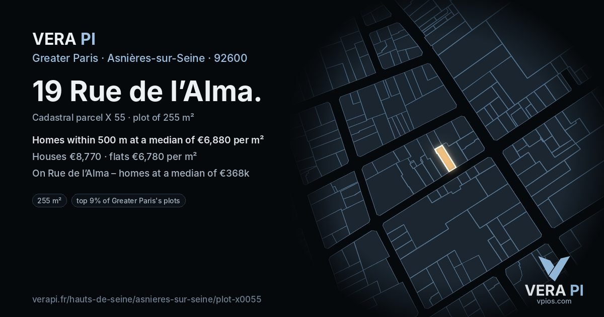 19 Rue de l’Alma, Asnières-sur-Seine at night – the plot lit, the parcels around coloured by the prices near them