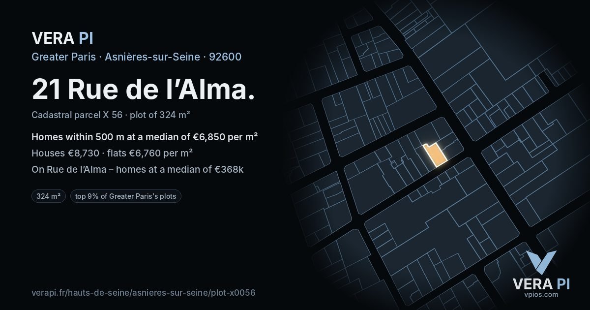 21 Rue de l’Alma, Asnières-sur-Seine at night – the plot lit, the parcels around coloured by the prices near them
