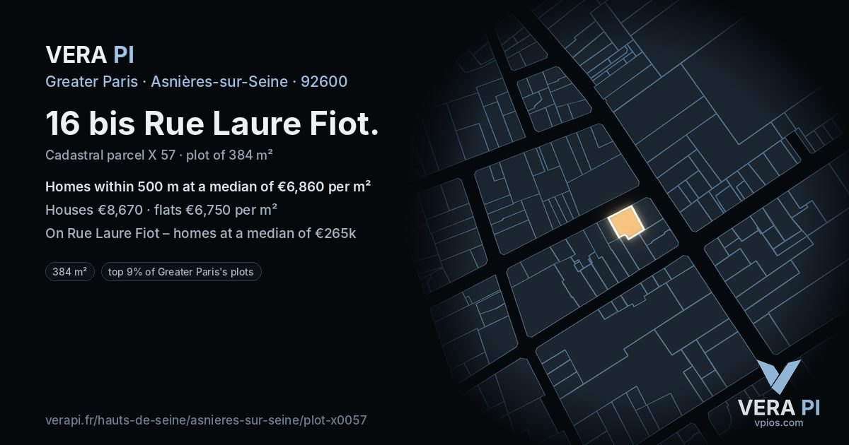 16 bis Rue Laure Fiot, Asnières-sur-Seine at night – the plot lit, the parcels around coloured by the prices near them