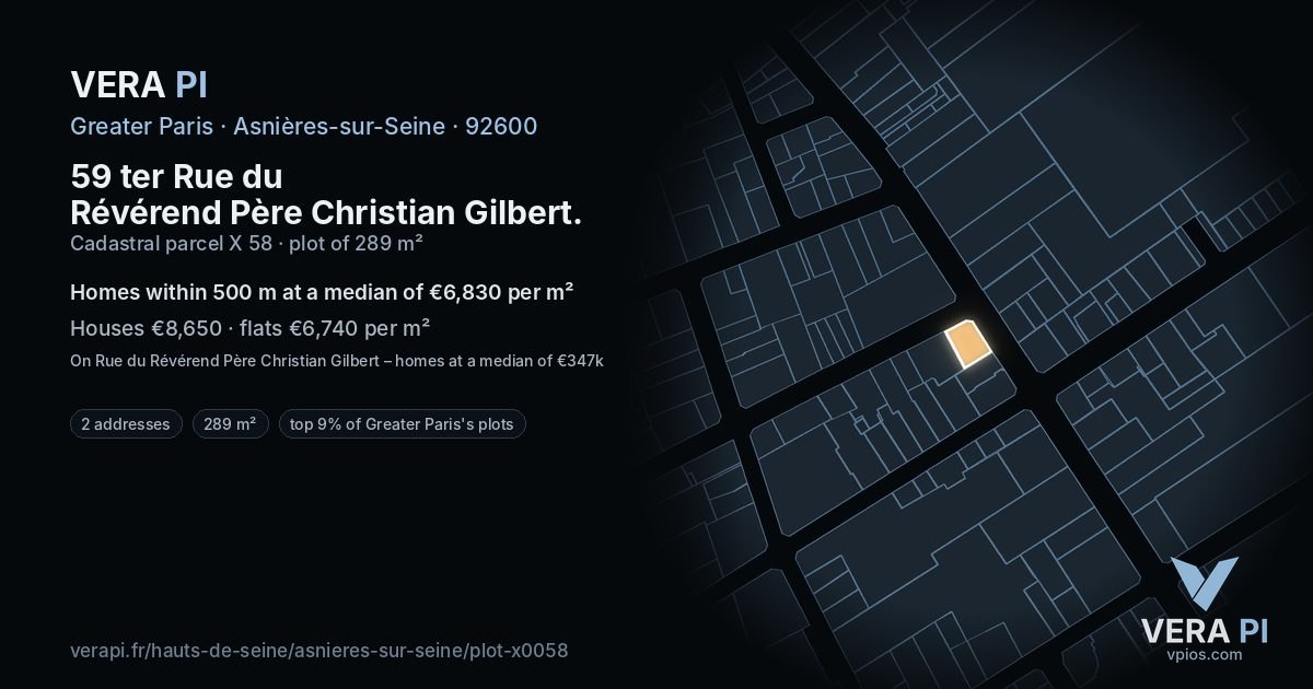59 ter Rue du Révérend Père Christian Gilbert, Asnières-sur-Seine at night – the plot lit, the parcels around coloured by the prices near them