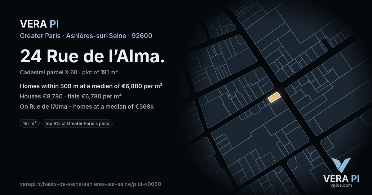 24 Rue de l’Alma, Asnières-sur-Seine at night – the plot lit, the parcels around coloured by the prices near them