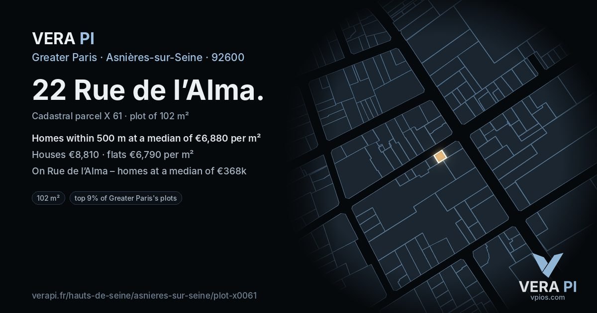 22 Rue de l’Alma, Asnières-sur-Seine at night – the plot lit, the parcels around coloured by the prices near them
