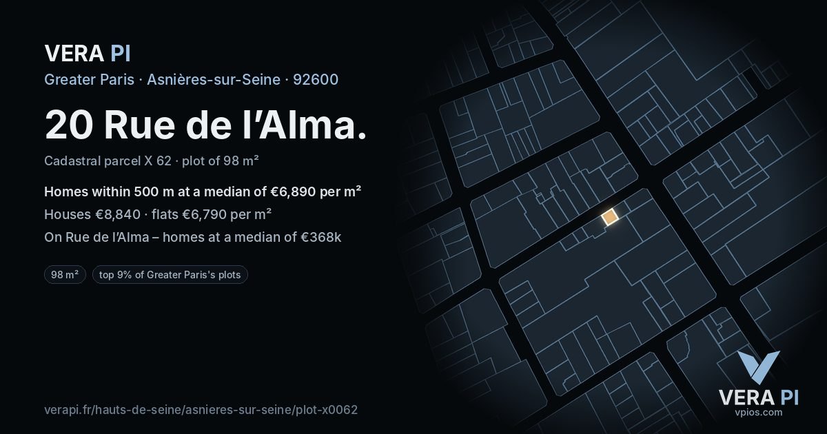 20 Rue de l’Alma, Asnières-sur-Seine at night – the plot lit, the parcels around coloured by the prices near them