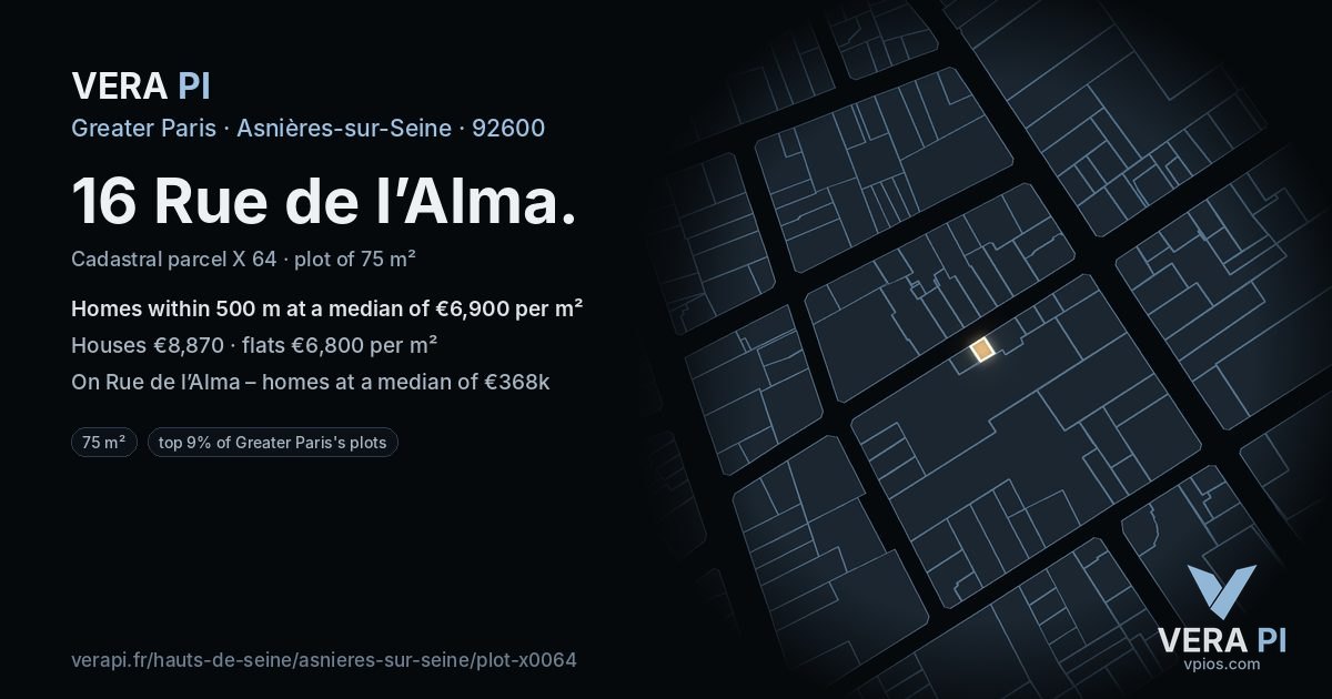 16 Rue de l’Alma, Asnières-sur-Seine at night – the plot lit, the parcels around coloured by the prices near them