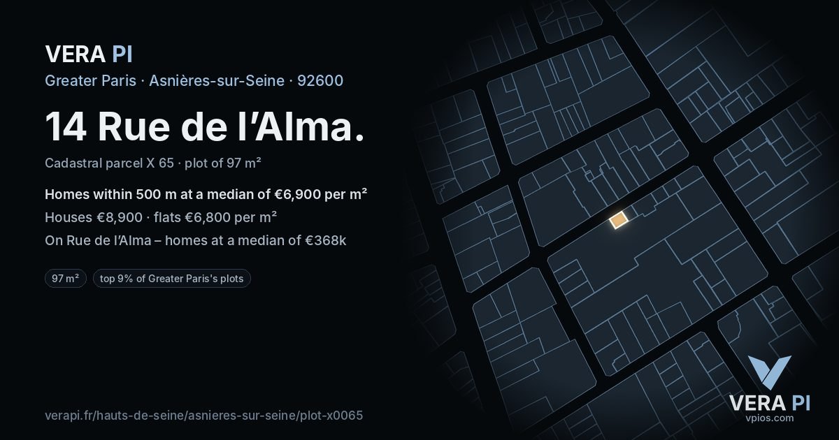 14 Rue de l’Alma, Asnières-sur-Seine at night – the plot lit, the parcels around coloured by the prices near them