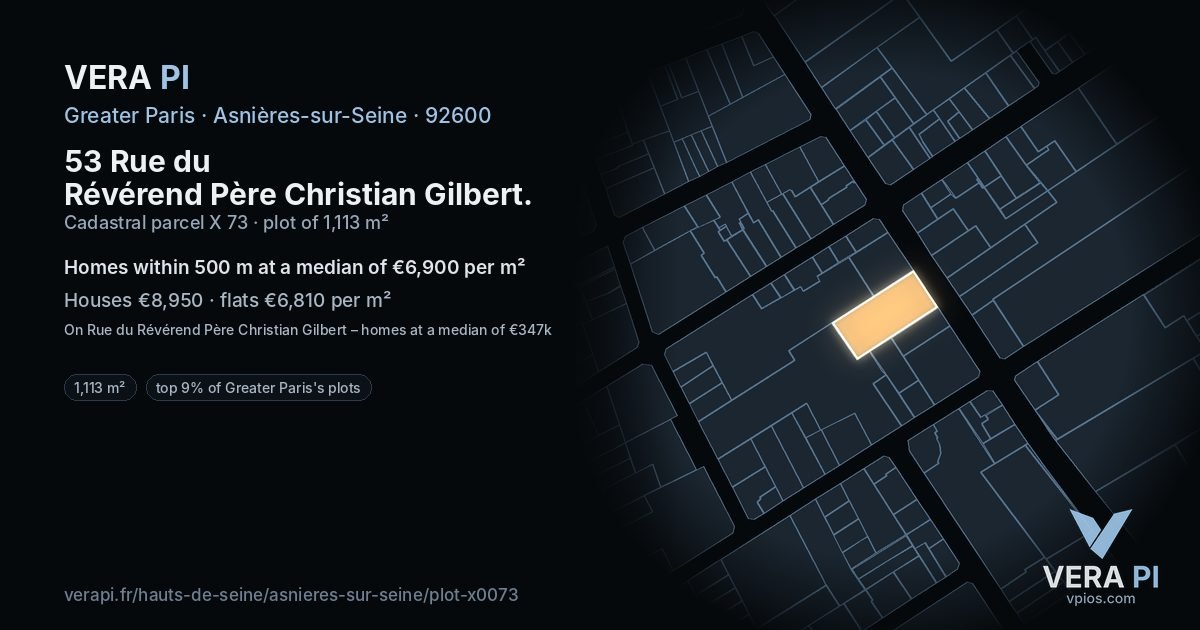 53 Rue du Révérend Père Christian Gilbert, Asnières-sur-Seine at night – the plot lit, the parcels around coloured by the prices near them