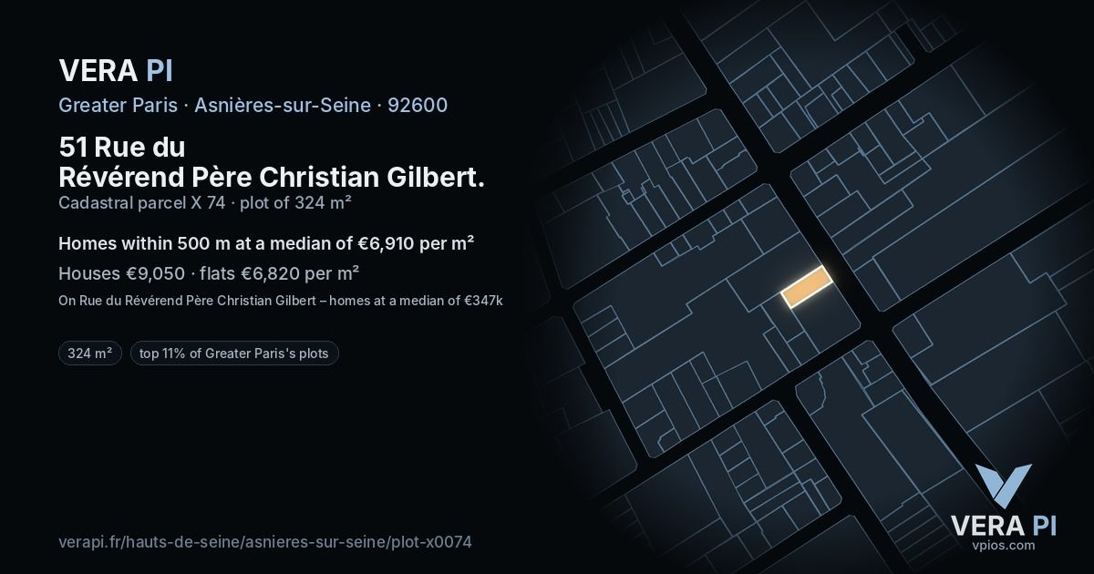 51 Rue du Révérend Père Christian Gilbert, Asnières-sur-Seine at night – the plot lit, the parcels around coloured by the prices near them