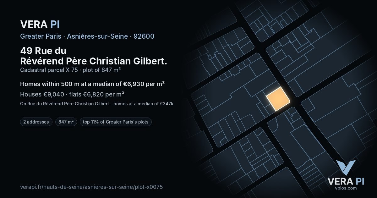 49 Rue du Révérend Père Christian Gilbert, Asnières-sur-Seine at night – the plot lit, the parcels around coloured by the prices near them