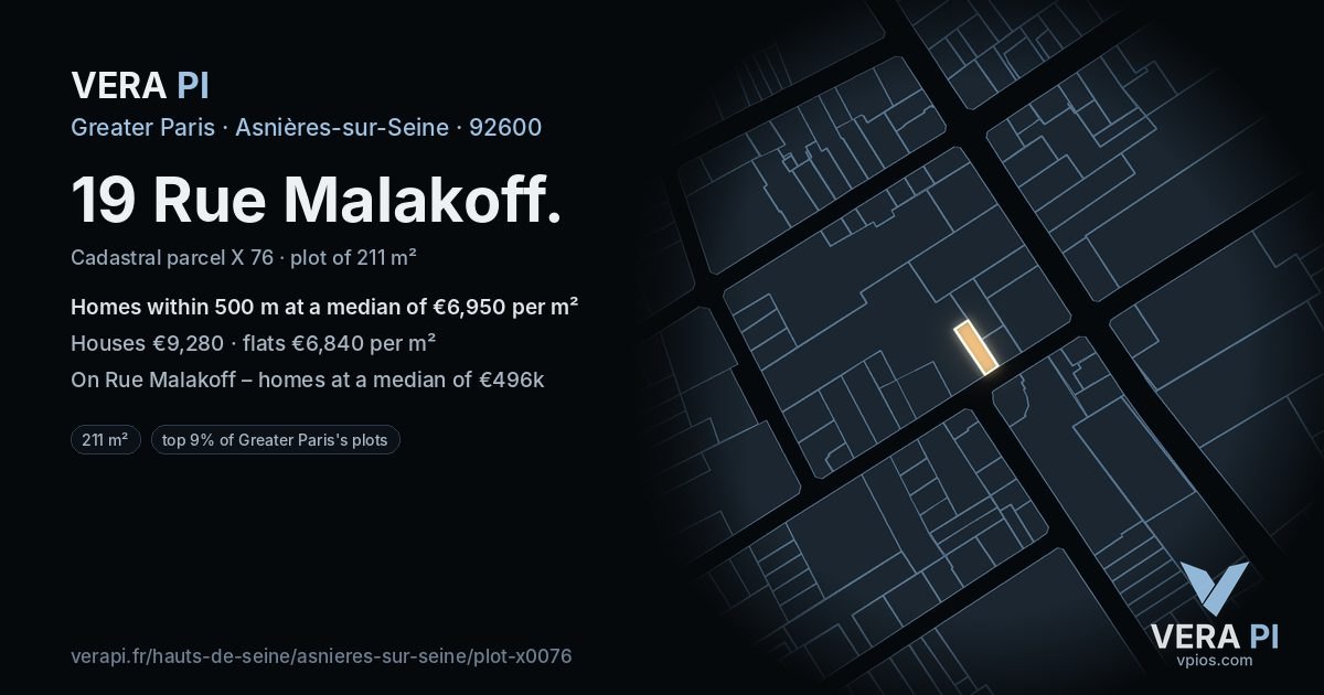 19 Rue Malakoff, Asnières-sur-Seine at night – the plot lit, the parcels around coloured by the prices near them