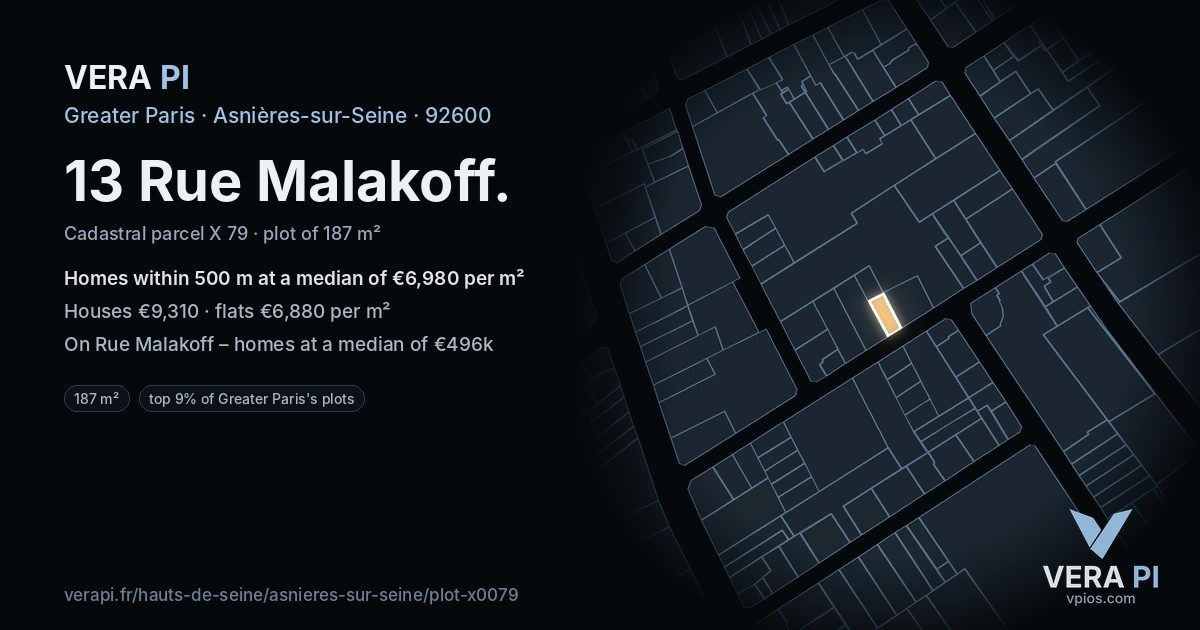 13 Rue Malakoff, Asnières-sur-Seine at night – the plot lit, the parcels around coloured by the prices near them