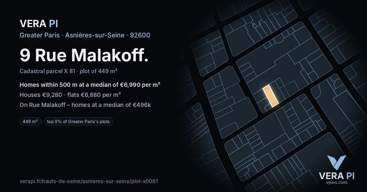 9 Rue Malakoff, Asnières-sur-Seine at night – the plot lit, the parcels around coloured by the prices near them