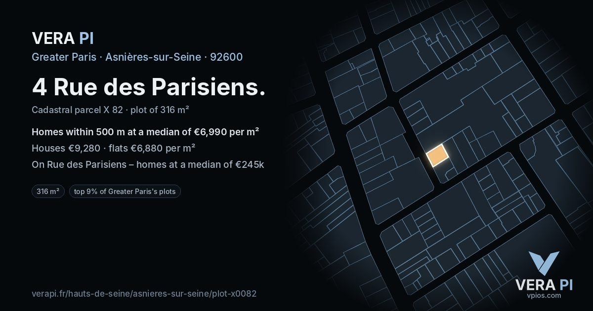 4 Rue des Parisiens, Asnières-sur-Seine at night – the plot lit, the parcels around coloured by the prices near them