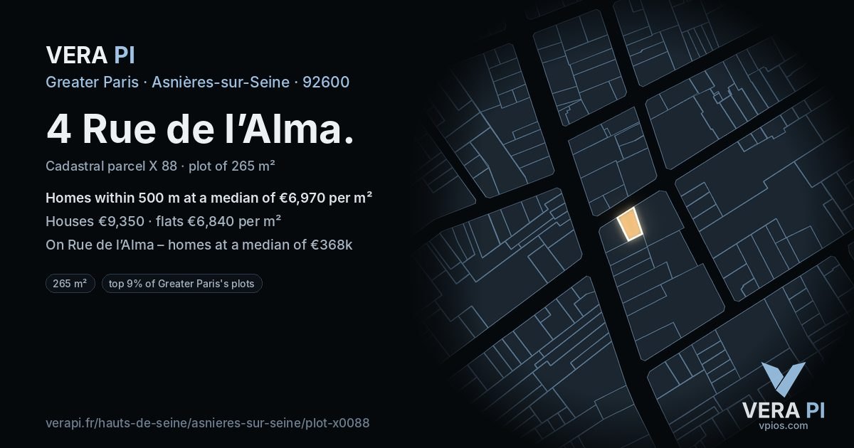 4 Rue de l’Alma, Asnières-sur-Seine at night – the plot lit, the parcels around coloured by the prices near them
