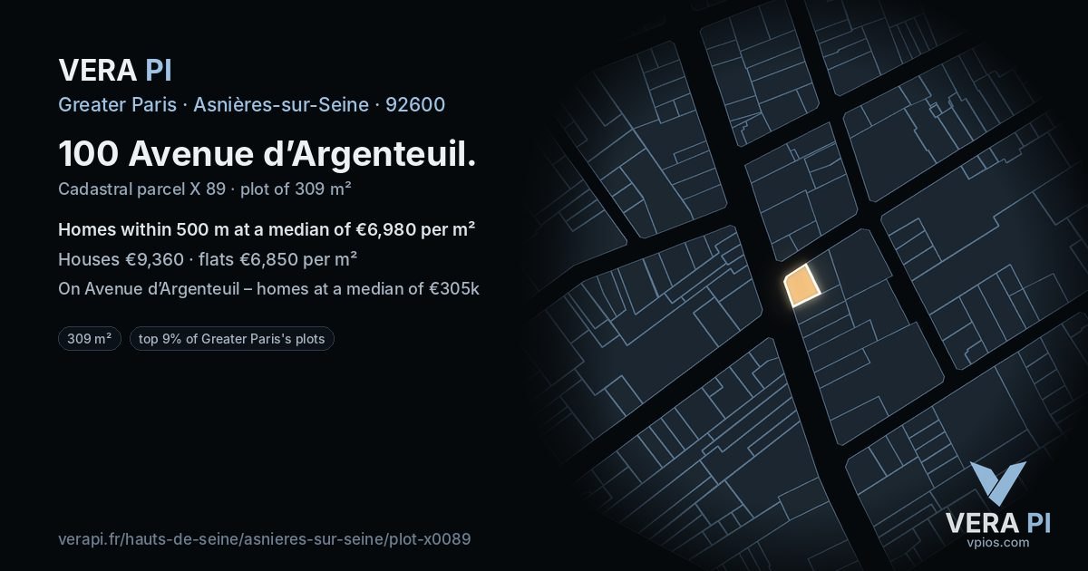 100 Avenue d’Argenteuil, Asnières-sur-Seine at night – the plot lit, the parcels around coloured by the prices near them