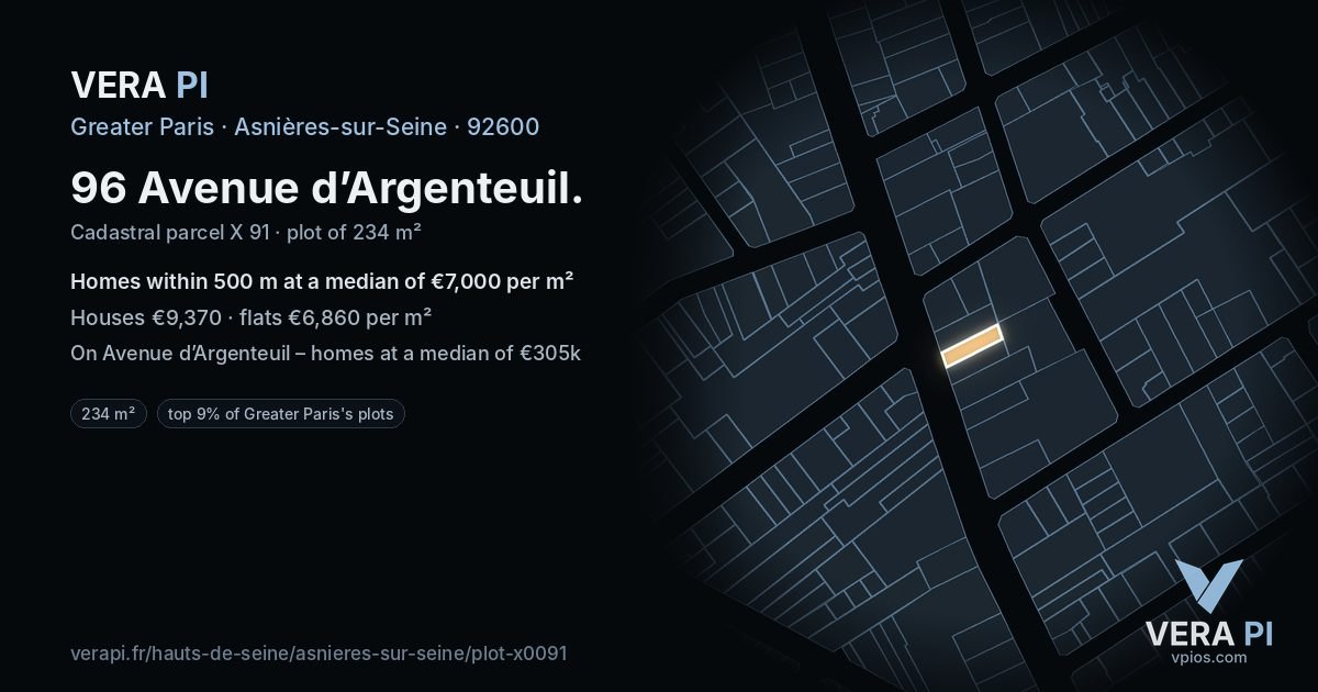96 Avenue d’Argenteuil, Asnières-sur-Seine at night – the plot lit, the parcels around coloured by the prices near them