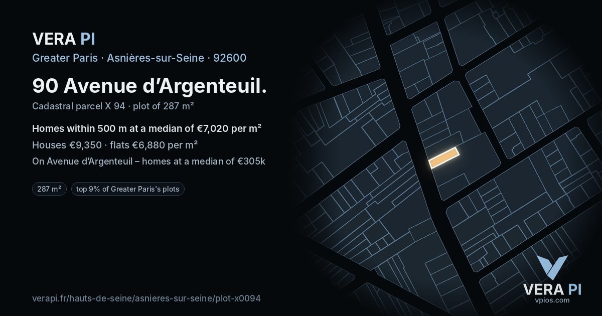 90 Avenue d’Argenteuil, Asnières-sur-Seine at night – the plot lit, the parcels around coloured by the prices near them