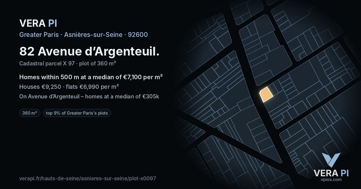 82 Avenue d’Argenteuil, Asnières-sur-Seine at night – the plot lit, the parcels around coloured by the prices near them