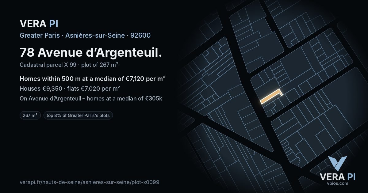 78 Avenue d’Argenteuil, Asnières-sur-Seine at night – the plot lit, the parcels around coloured by the prices near them