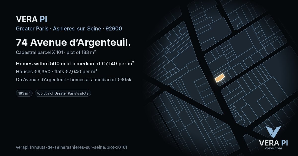 74 Avenue d’Argenteuil, Asnières-sur-Seine at night – the plot lit, the parcels around coloured by the prices near them