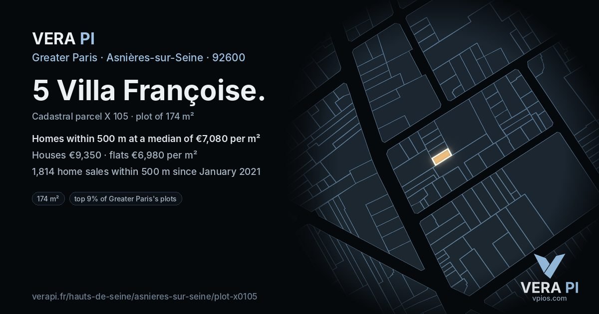 5 Villa Françoise, Asnières-sur-Seine at night – the plot lit, the parcels around coloured by the prices near them