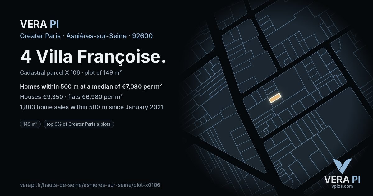 4 Villa Françoise, Asnières-sur-Seine at night – the plot lit, the parcels around coloured by the prices near them